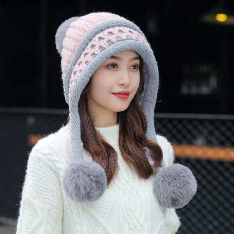 HUAMULAN Women's Winter Fleece Lined Beanie Earflap Pom Poms Ski Hat HUAMULAN Women's Pink Grey Peruvian Winter Fleece Beanie with Earflaps and Pom Poms