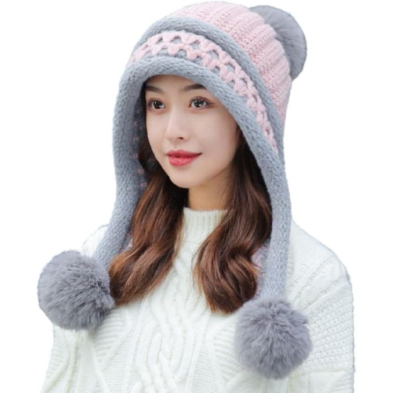 HUAMULAN Women's Winter Fleece Lined Beanie Earflap Pom Poms Ski Hat HUAMULAN Women's Pink Grey Peruvian Winter Fleece Beanie with Earflaps and Pom Poms