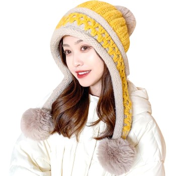 HUAMULAN Women's Winter Warm Knit Fleece Lined Earflap Beanie 3 Pom Poms Ponytail Yellow One Size