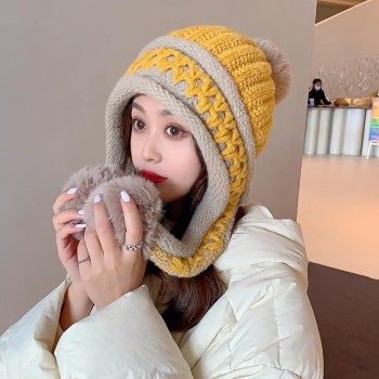 HUAMULAN Women's Winter Warm Knit Fleece Lined Earflap Beanie 3 Pom Poms Ponytail Yellow One Size HUAMULAN Women's Winter Warm Knit Fleece Lined Earflap Beanie 3 Pom Poms Ponytail Yellow One Size