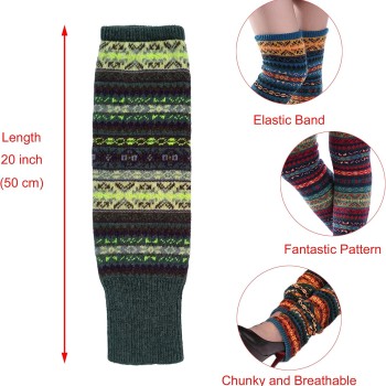 HUAMULAN Women Winter Bohemian Knit Over Knee Leg Warmers Thick Stretch Boot Cuffs Khaki Green