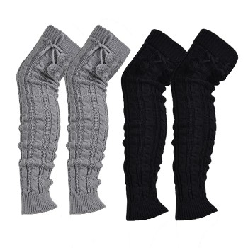 HUAMULAN Women's Bohemian Knit Crochet Over Knee Warmers Winter Anti-slip Boot Cuffs Black Gray