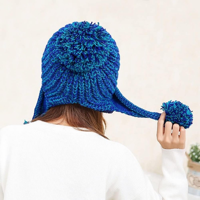 Blue Peruvian Knit Winter Beanie Ear Flaps Ski Hat Women's Blue Peruvian Knit Winter Beanie with Ear Flaps and Pom Poms