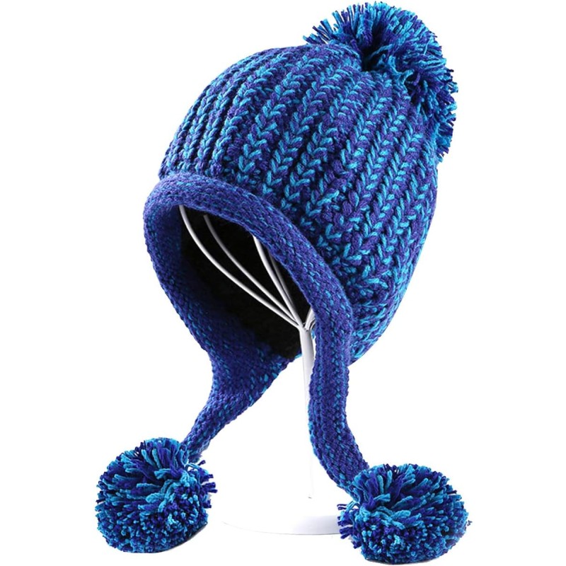Blue Peruvian Knit Winter Beanie Ear Flaps Ski Hat Women's Blue Peruvian Knit Winter Beanie with Ear Flaps and Pom Poms