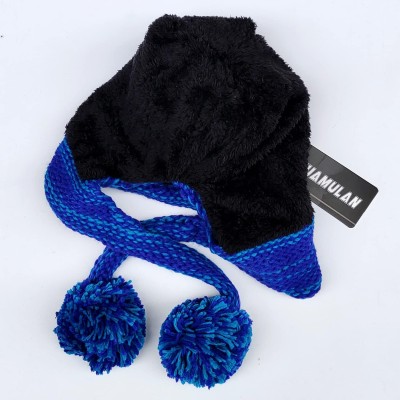 Blue Peruvian Knit Winter Beanie Ear Flaps Ski Hat Women's Blue Peruvian Knit Winter Beanie with Ear Flaps and Pom Poms