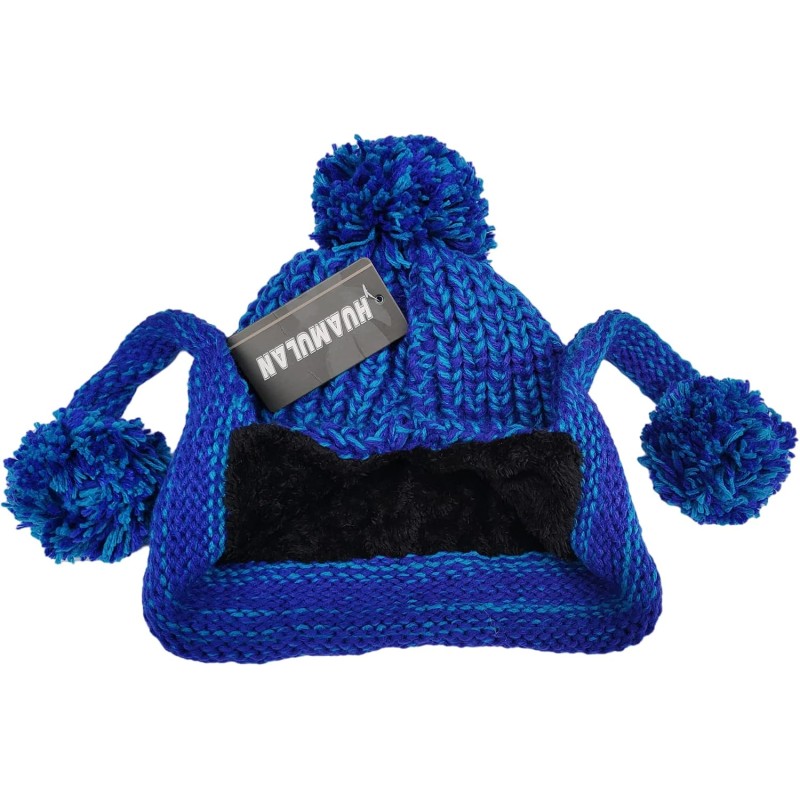 Blue Peruvian Knit Winter Beanie Ear Flaps Ski Hat Women's Blue Peruvian Knit Winter Beanie with Ear Flaps and Pom Poms