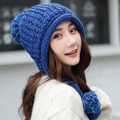 Blue Peruvian Knit Winter Beanie Ear Flaps Ski Hat Women's Blue Peruvian Knit Winter Beanie with Ear Flaps and Pom Poms