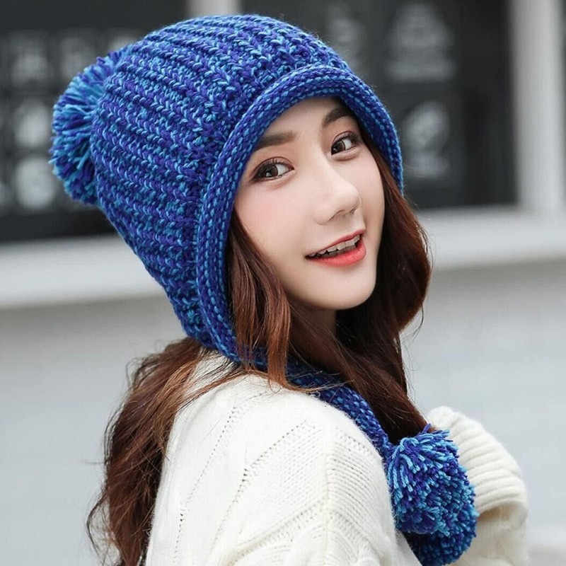 Blue Peruvian Knit Winter Beanie Ear Flaps Ski Hat Women's Blue Peruvian Knit Winter Beanie with Ear Flaps and Pom Poms