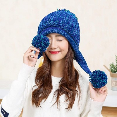 Blue Peruvian Knit Winter Beanie Ear Flaps Ski Hat Women's Blue Peruvian Knit Winter Beanie with Ear Flaps and Pom Poms