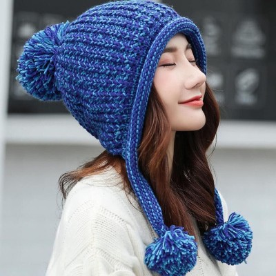 Blue Peruvian Knit Winter Beanie Ear Flaps Ski Hat Women's Blue Peruvian Knit Winter Beanie with Ear Flaps and Pom Poms