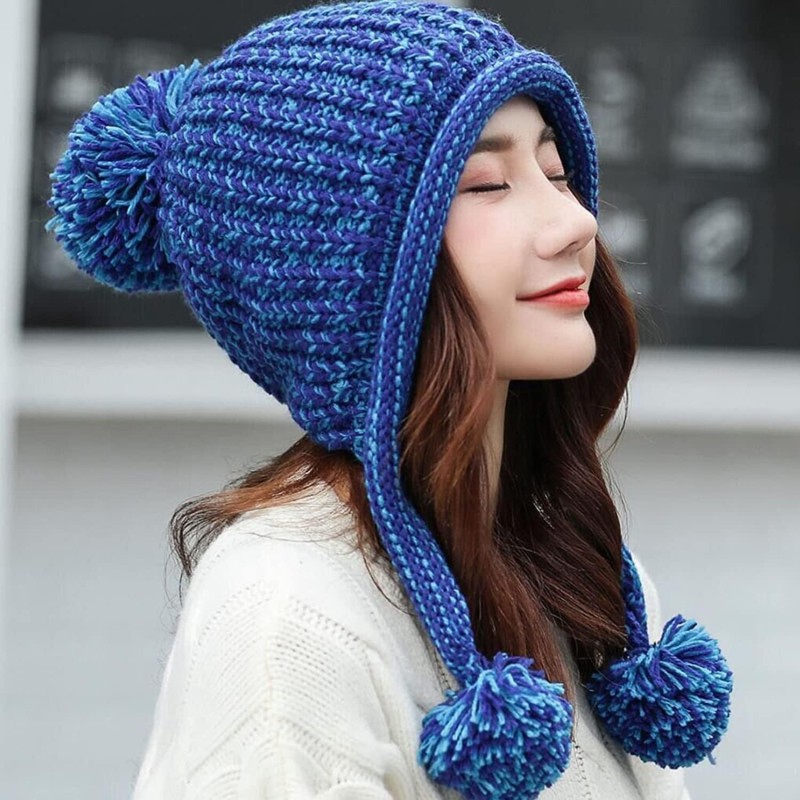 Blue Peruvian Knit Winter Beanie Ear Flaps Ski Hat Women's Blue Peruvian Knit Winter Beanie with Ear Flaps and Pom Poms