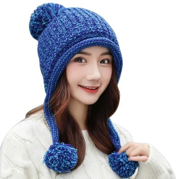 Women's Peruvian Knit Winter Beanie Ear Flaps Fleece Lined 3 Pom-Pom Ponytail Ski Hat Blue One Size