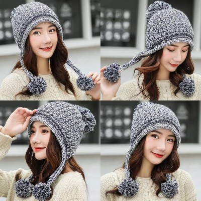 Women's Gray Peruvian Ear Flap Beanie with Fleece Lining and 3 Pom Poms