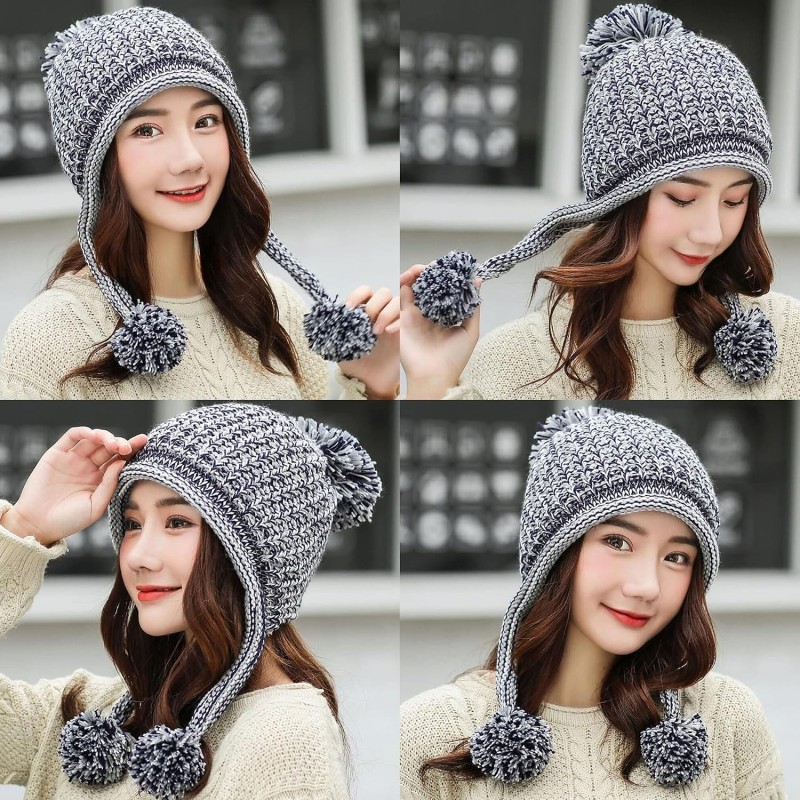 Women's Gray Peruvian Ear Flap Beanie with Fleece Lining and 3 Pom Poms