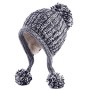Women's Winter Peruvian Ear Flap Beanie Hat Warm Fleece Lined 3 Pom Poms Ponytail Friendly Gray