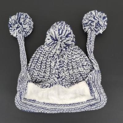 Women's Gray Peruvian Ear Flap Beanie with Fleece Lining and 3 Pom Poms
