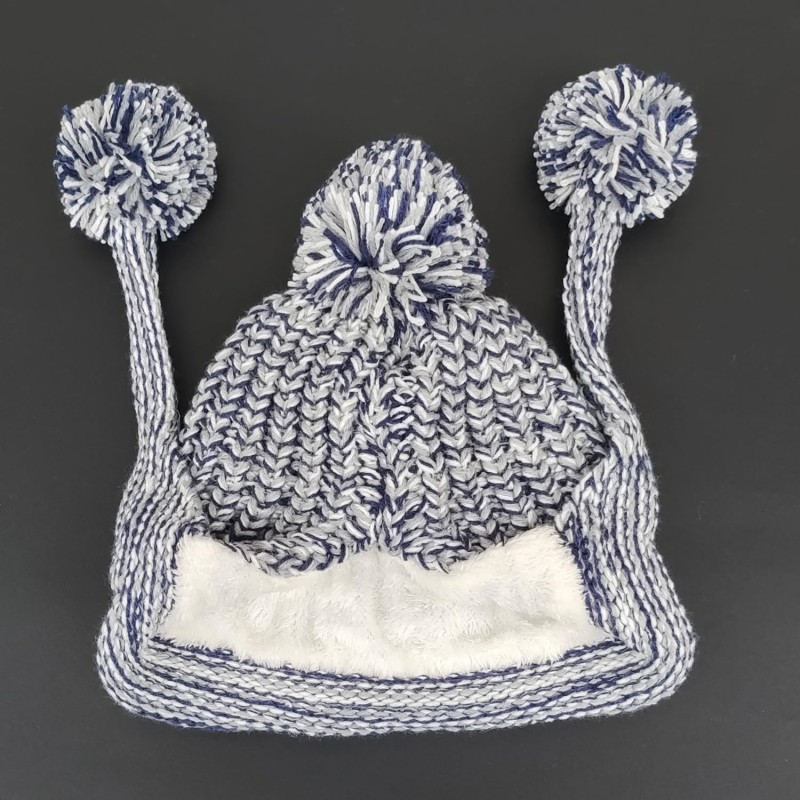 Women's Gray Peruvian Ear Flap Beanie with Fleece Lining and 3 Pom Poms