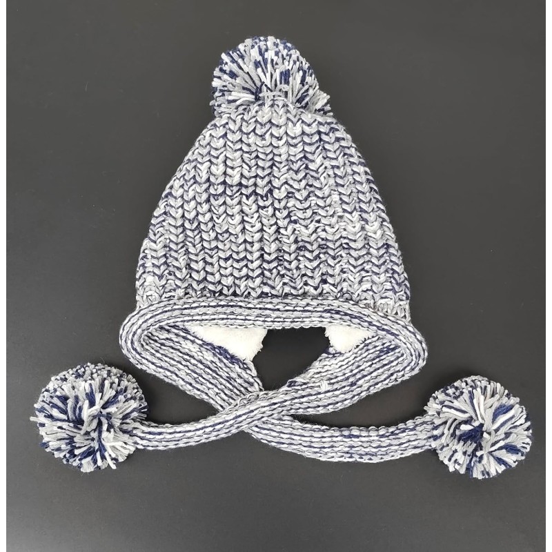 Women's Gray Peruvian Ear Flap Beanie with Fleece Lining and 3 Pom Poms