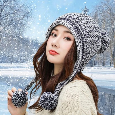 Women's Gray Peruvian Ear Flap Beanie with Fleece Lining and 3 Pom Poms