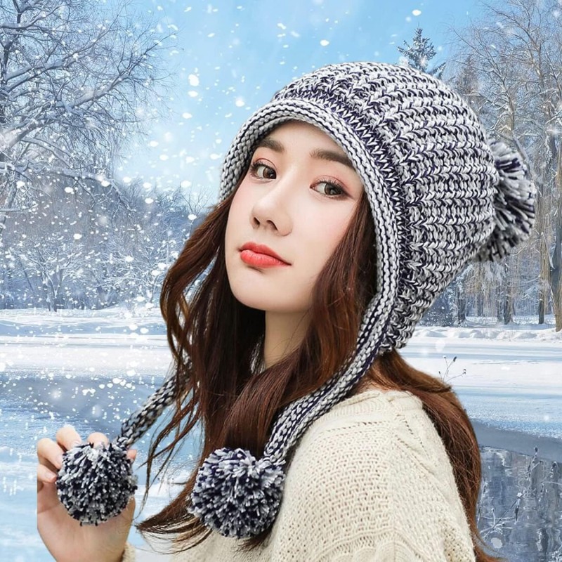 Women's Gray Peruvian Ear Flap Beanie with Fleece Lining and 3 Pom Poms