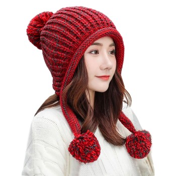 Women's Winter Peruvian Beanie Hat with Ear Flaps, Fleece Lined, 3 Pom Poms – One Size Red