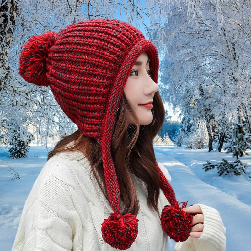 Women's Winter Peruvian Beanie Hat – Red with Ear Flaps and Pom Poms Women's winter Peruvian beanie hat with ear flaps, fleece lined, 3 pom poms in red