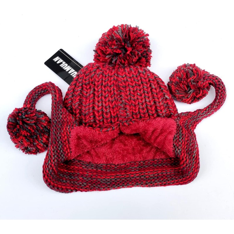 Women's Winter Peruvian Beanie Hat – Red with Ear Flaps and Pom Poms Women's winter Peruvian beanie hat with ear flaps, fleece lined, 3 pom poms in red