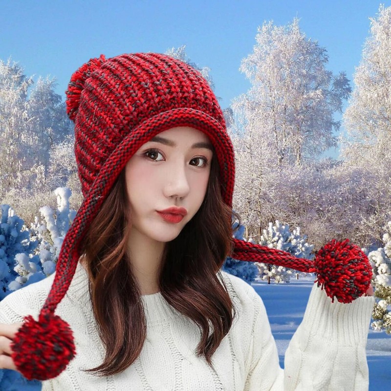 Women's Winter Peruvian Beanie Hat – Red with Ear Flaps and Pom Poms Women's winter Peruvian beanie hat with ear flaps, fleece lined, 3 pom poms in red