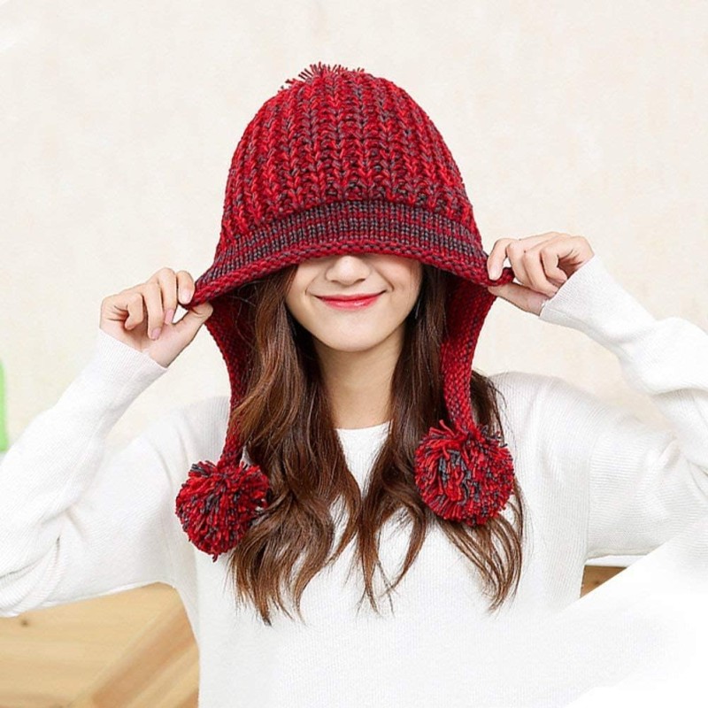 Women's Winter Peruvian Beanie Hat – Red with Ear Flaps and Pom Poms Women's winter Peruvian beanie hat with ear flaps, fleece lined, 3 pom poms in red