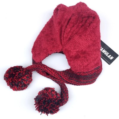Women's Winter Peruvian Beanie Hat – Red with Ear Flaps and Pom Poms Women's winter Peruvian beanie hat with ear flaps, fleece lined, 3 pom poms in red