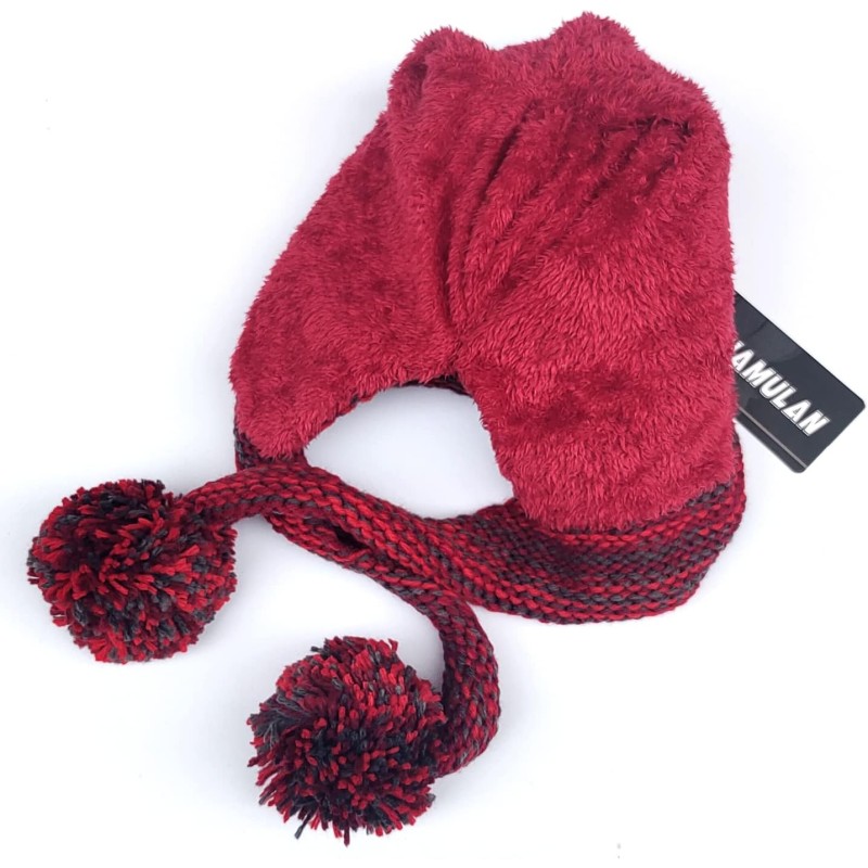 Women's Winter Peruvian Beanie Hat – Red with Ear Flaps and Pom Poms Women's winter Peruvian beanie hat with ear flaps, fleece lined, 3 pom poms in red