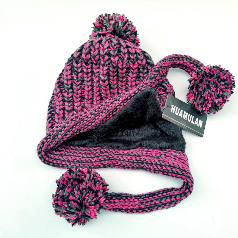 Women's Winter Peruvian Beanie Hat with Ear Flaps – Fleece Lined, 3 Pom Poms, Rose Red Women's winter Peruvian beanie hat with ear flaps, fleece lined, 3 pom poms, rose red color