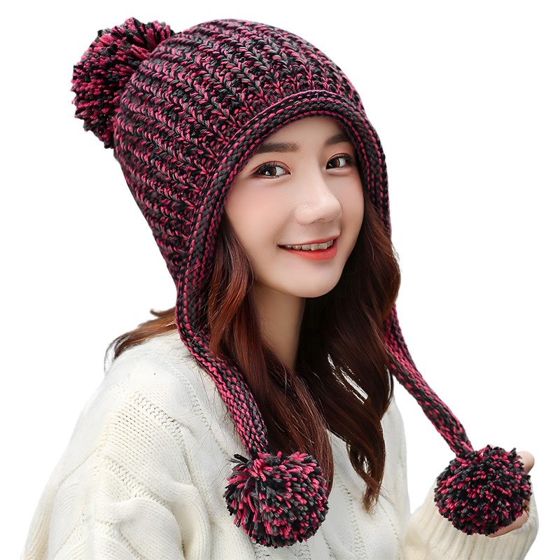 Women's Winter Peruvian Beanie Hat with Ear Flaps – Fleece Lined, 3 Pom Poms, Rose Red Women's winter Peruvian beanie hat with ear flaps, fleece lined, 3 pom poms, rose red color