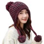 Women's Winter Peruvian Beanie Hat with Ear Flaps – Fleece Lined, 3 Pom Poms, One Size (Rose Red)