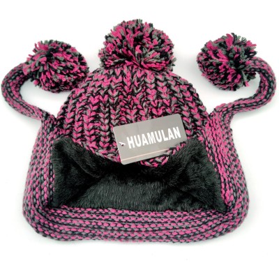 Women's Winter Peruvian Beanie Hat with Ear Flaps – Fleece Lined, 3 Pom Poms, Rose Red Women's winter Peruvian beanie hat with ear flaps, fleece lined, 3 pom poms, rose red color