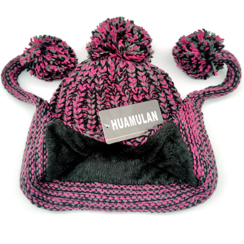 Women's Winter Peruvian Beanie Hat with Ear Flaps – Fleece Lined, 3 Pom Poms, Rose Red Women's winter Peruvian beanie hat with ear flaps, fleece lined, 3 pom poms, rose red color