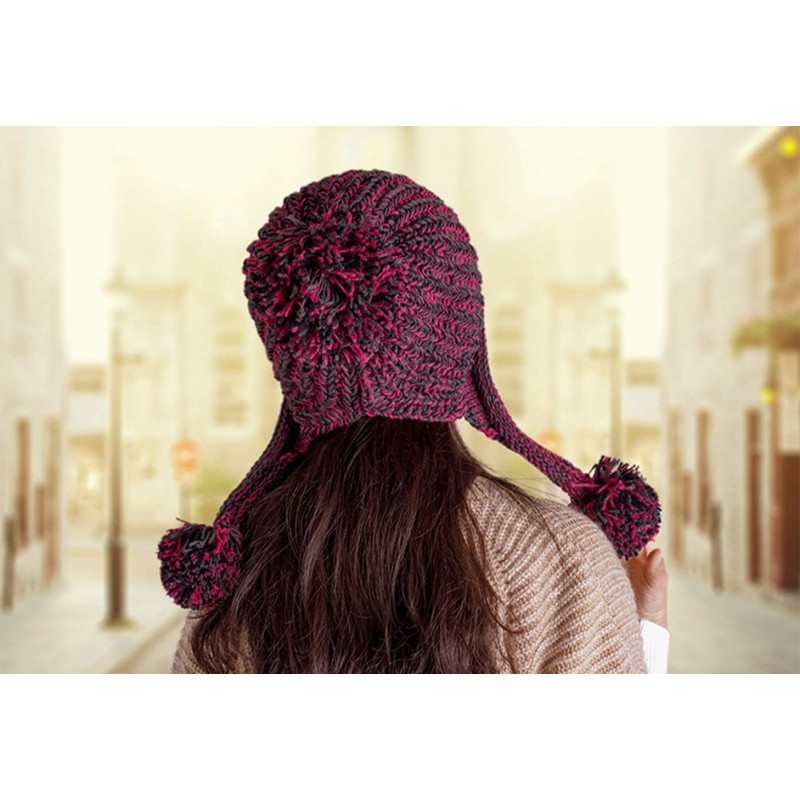 Women's Winter Peruvian Beanie Hat with Ear Flaps – Fleece Lined, 3 Pom Poms, Rose Red Women's winter Peruvian beanie hat with ear flaps, fleece lined, 3 pom poms, rose red color