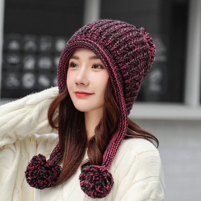 Women's Winter Peruvian Beanie Hat with Ear Flaps – Fleece Lined, 3 Pom Poms, Rose Red Women's winter Peruvian beanie hat with ear flaps, fleece lined, 3 pom poms, rose red color