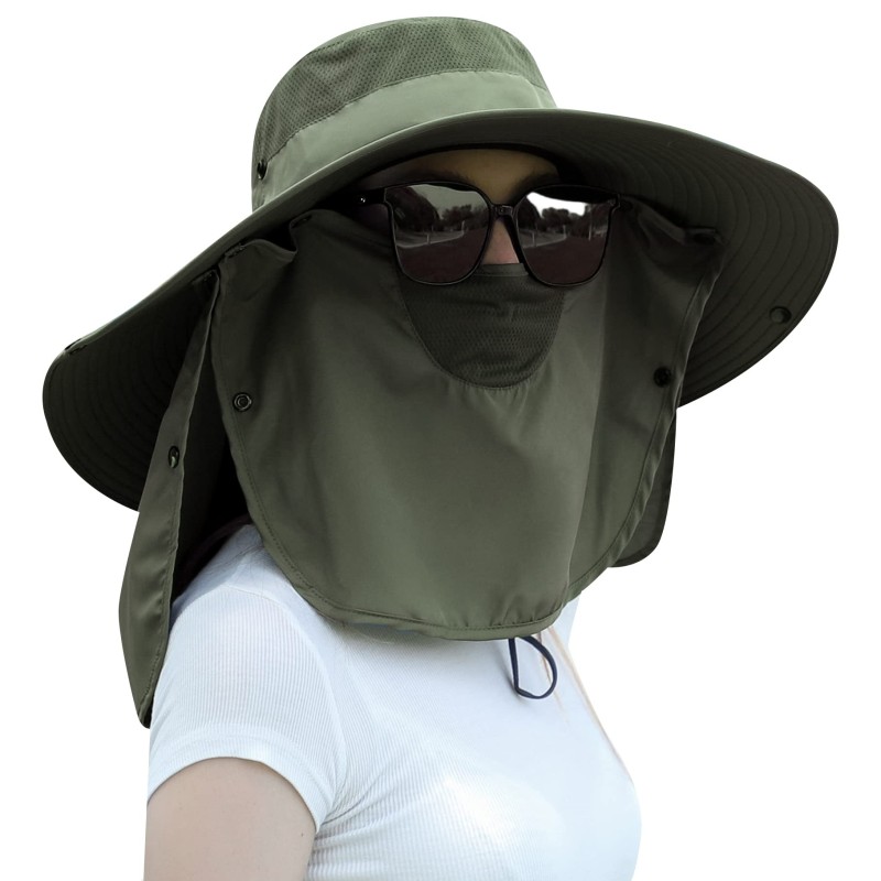 Women's Army Green Wide Brim UV Sun Hat with Detachable Neck Flap and Ponytail Opening