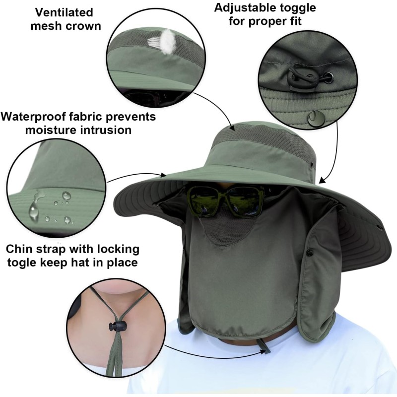 Women's Army Green Wide Brim UV Sun Hat with Detachable Neck Flap and Ponytail Opening