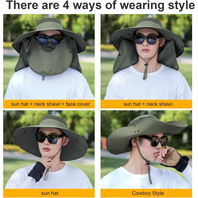 Women's Army Green Wide Brim UV Sun Hat with Detachable Neck Flap and Ponytail Opening