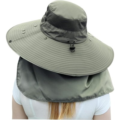 Women's Army Green Wide Brim UV Sun Hat with Detachable Neck Flap and Ponytail Opening