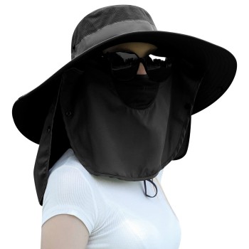 Women's Wide Brim Sun Hat Detachable Face-Neck Flap UV Protection Breathable Ponytail Fishing Hiking Garden One Size