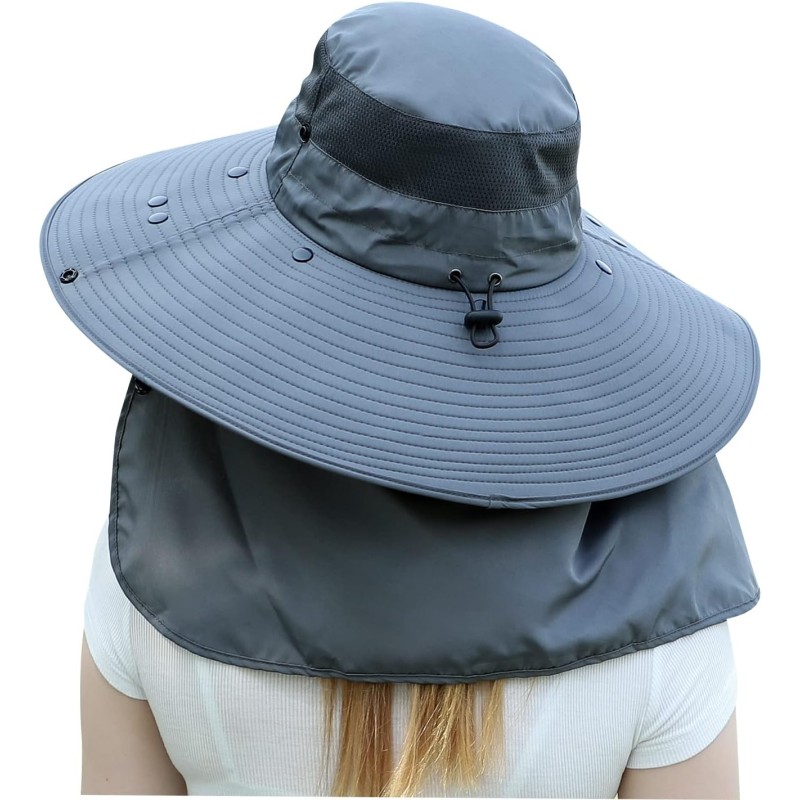 Dark gray women’s wide brim sun hat with detachable face neck flap and ponytail opening for UV protection
