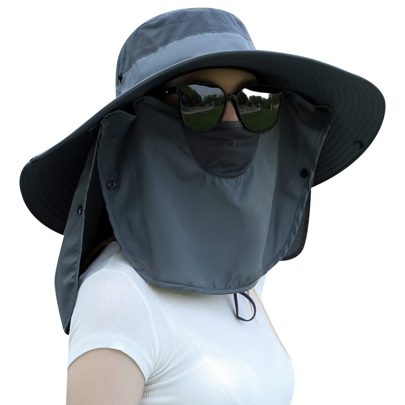 Dark gray women’s wide brim sun hat with detachable face neck flap and ponytail opening for UV protection