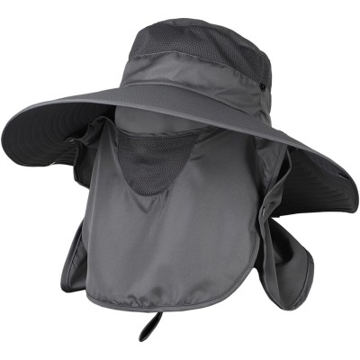 Dark gray women’s wide brim sun hat with detachable face neck flap and ponytail opening for UV protection