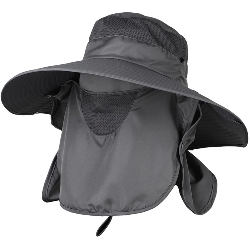 Dark gray women’s wide brim sun hat with detachable face neck flap and ponytail opening for UV protection