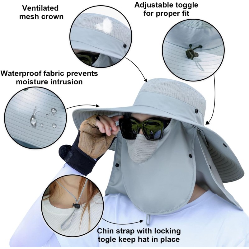 Light gray women's wide brim sun hat with detachable face and neck flap for UV protection