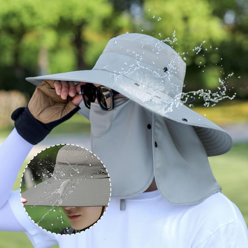 Light gray women's wide brim sun hat with detachable face and neck flap for UV protection