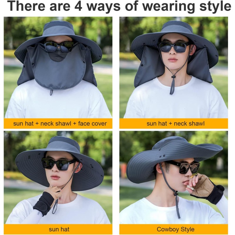 Light gray women's wide brim sun hat with detachable face and neck flap for UV protection